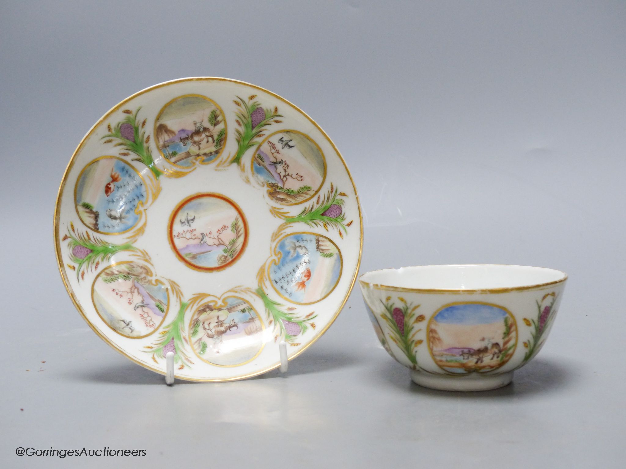 An unusual Chinese famille rose tea bowl and saucer, 18th century, saucer diameter 14cm
